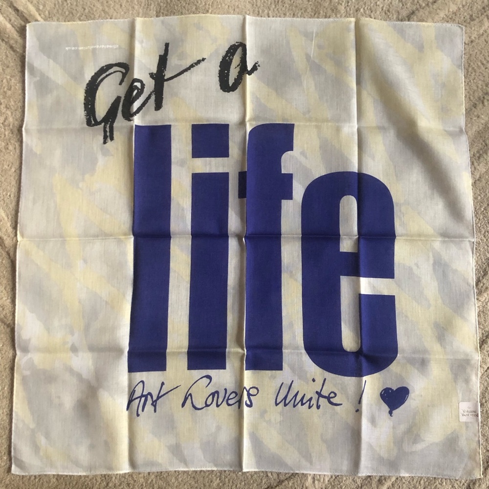 New Vivienne Westwood Handkerchief Scarf Head Wrap Get A Life Orb White